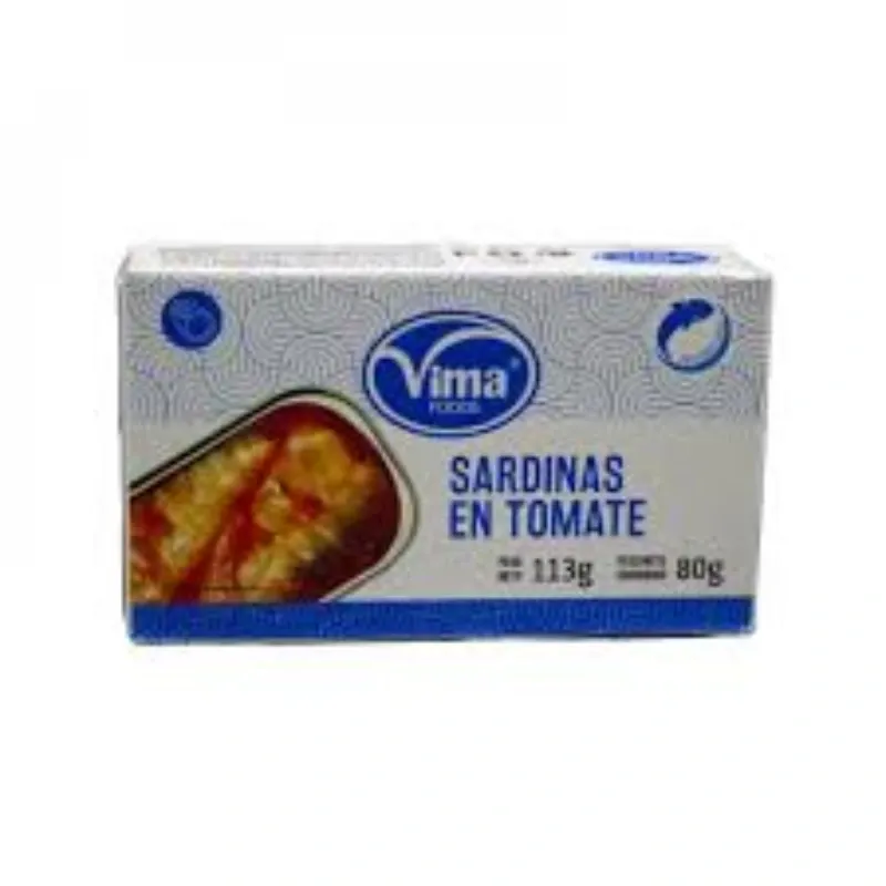 Sardinas en tomate de la marca Vima FOODS, 110 gramos.