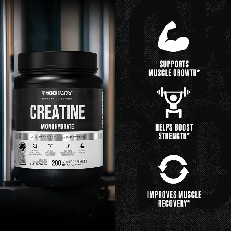 Jacked Factory - Polvo de creatina monohidrato - Suplemento diario de creatina 5g para hombres y mujeres, apto para veganos - 200 servicios, sin sabor