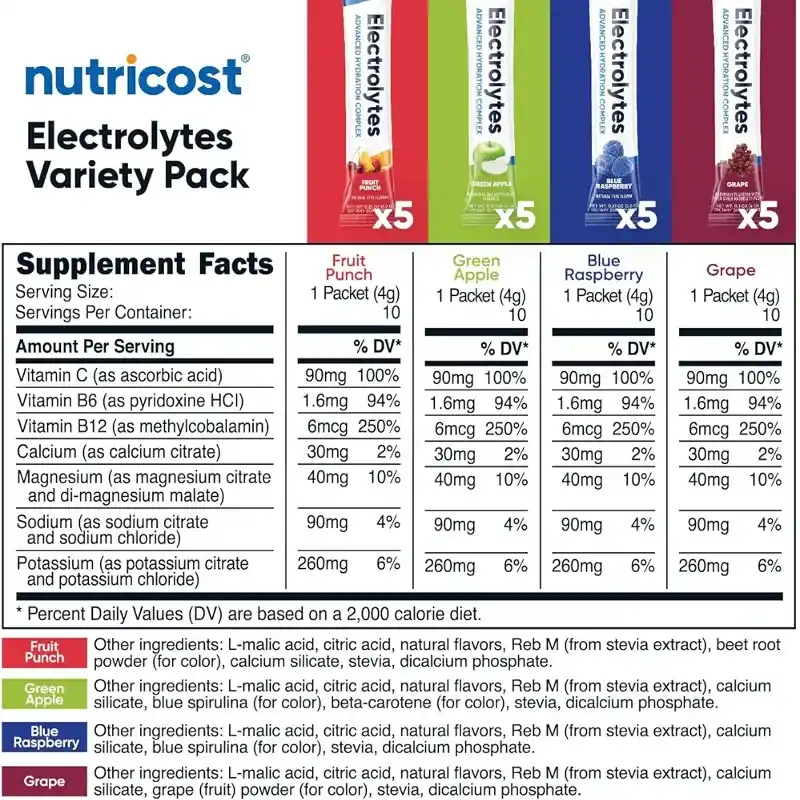 Nutricost Complejo de electrolitos, paquete variado saborizado, 40 paquetes de palitos - Complejo de hidratación avanzada