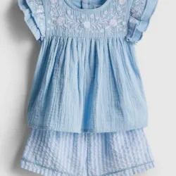 Conjunto azul de rayas blancas