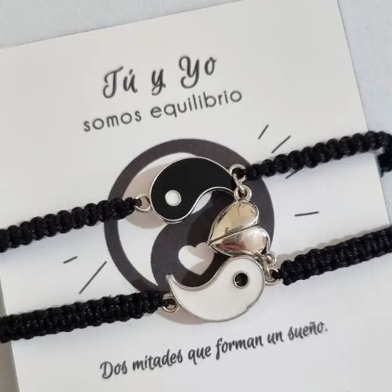 Pulseras de parejas de ying yang con corazon imantado 