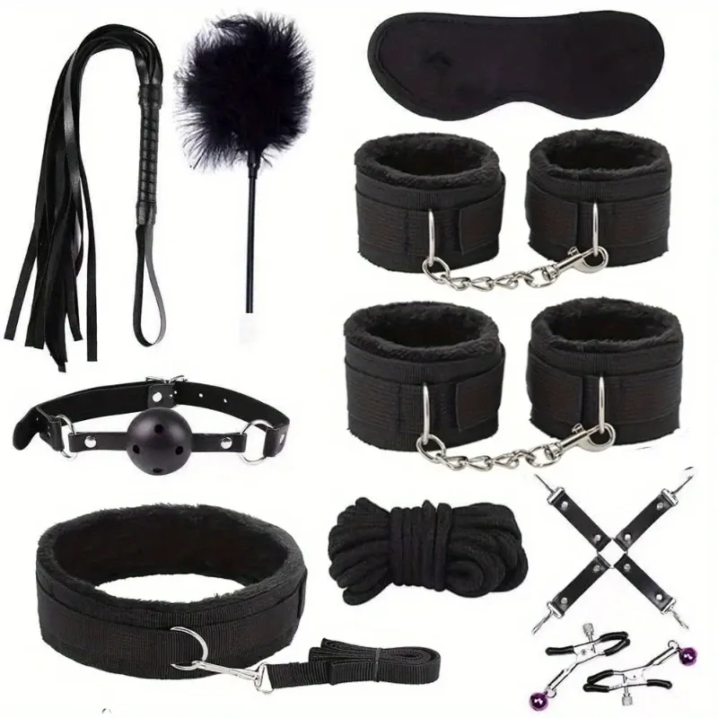 Kit de Bondage BDSM de 10 Piezas Premium | Set de Restricción de Cuero Negro Fetiche para Parejas