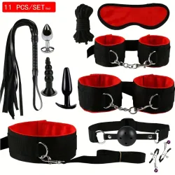 Kit de Bondage y Sado de 11 Piezas | Set de Iniciación BDSM Profesional en Rojo y Negro