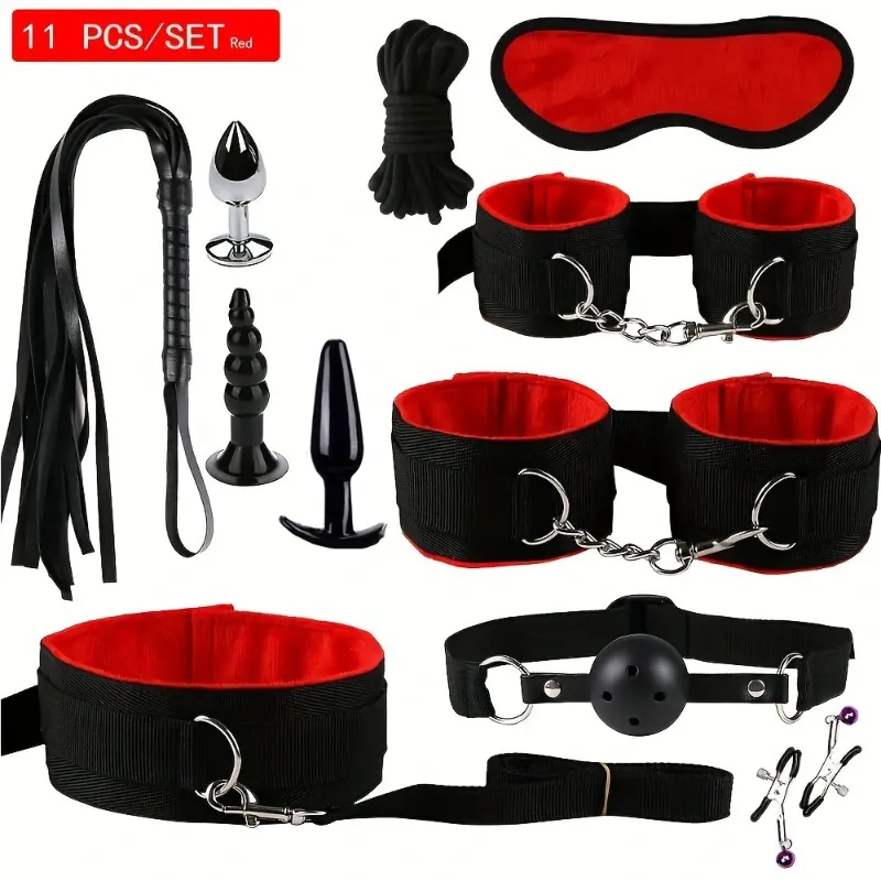 Kit de Bondage y Sado de 11 Piezas | Set de Iniciación BDSM Profesional en Rojo y Negro