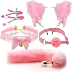 Kit Petplay Rosa de 5 Piezas | Orejas de Gato, Cola de Zorro con Plug Anal, Choker, Mordaza y Pinzas de Pezones