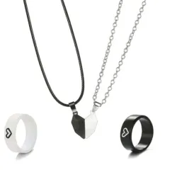 Juego de collar y anillos con corazón imanisado