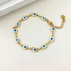 Pulsera de ojos turcos blancos  de acero inoxidable con un baño de oro 