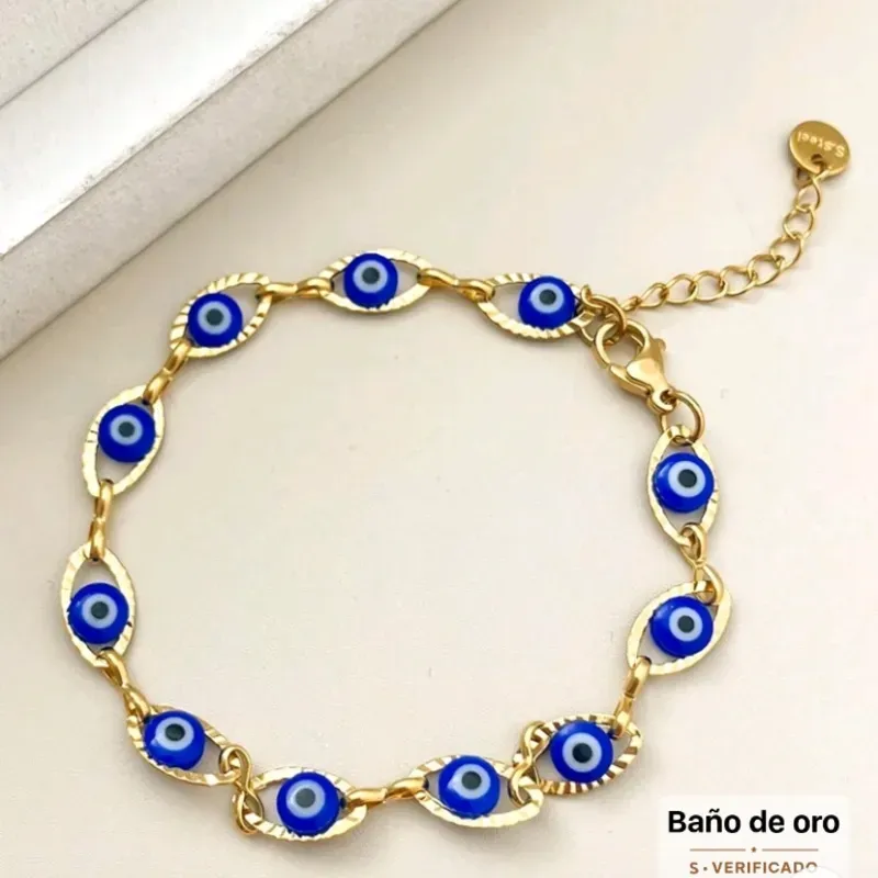 Pulsera de ojos turcos de acero inoxidable con un baño de oro 