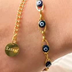 Pulsera de ojos turcos negros de acero inoxidable con un baño de oro 