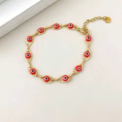 Pulsera de ojos turcos rojos de acero inoxidable con un baño de oro 