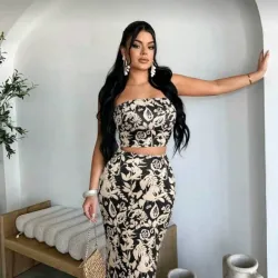 Conjunto de salla estampado beige y negro 