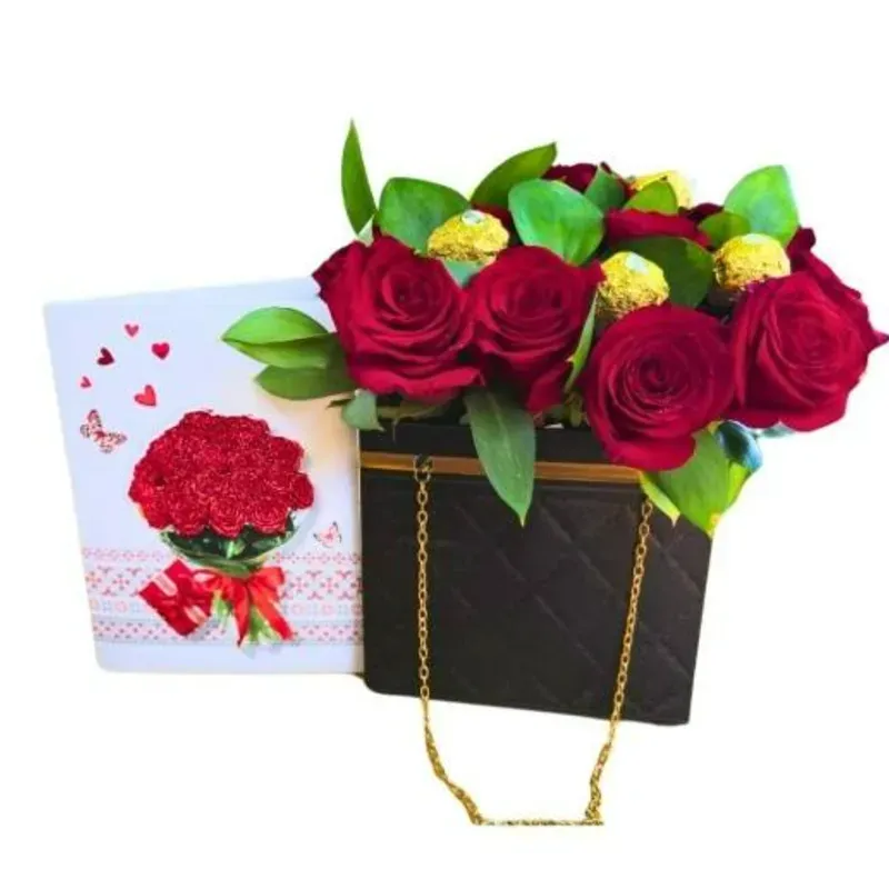 Arreglo Floral de 18 Rosas y 6 bombones Ferreros Elegante en Caja