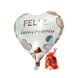Globo Metálico Mediano “Feliz Aniversario” + 10 Bombones en bolsa de organza