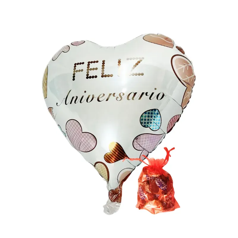 Globo Metálico Mediano “Feliz Aniversario” + 10 Bombones en bolsa de organza