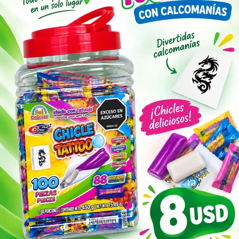 Pomo de 100 chicles con Calcomonías-