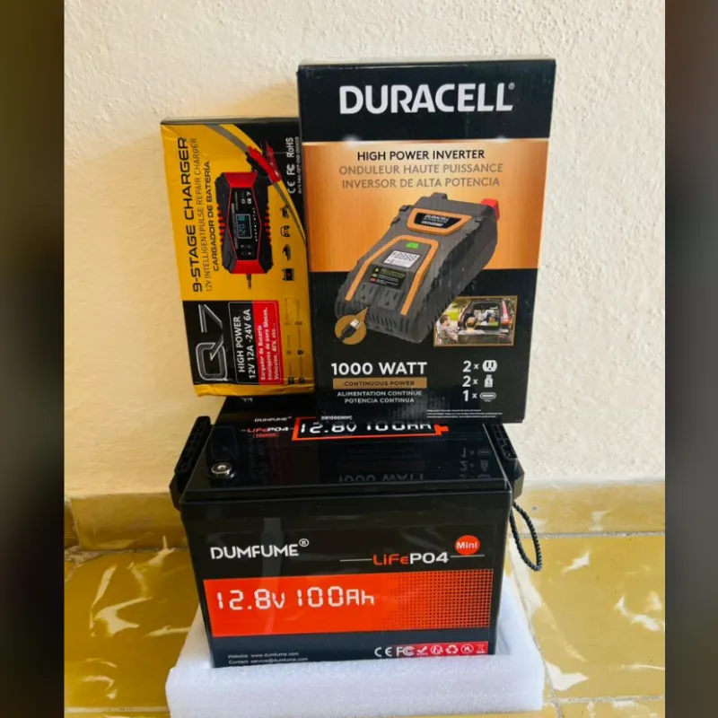  Batería LifeP04 12.8v 100Ah 1280wh con 6000 ciclos de carga profunda q da una vida de más de 16 años de uso + Cargador inteligente 12v 12Ah + Convertidor de 1000w con Pico de 2000w con pantalla digital