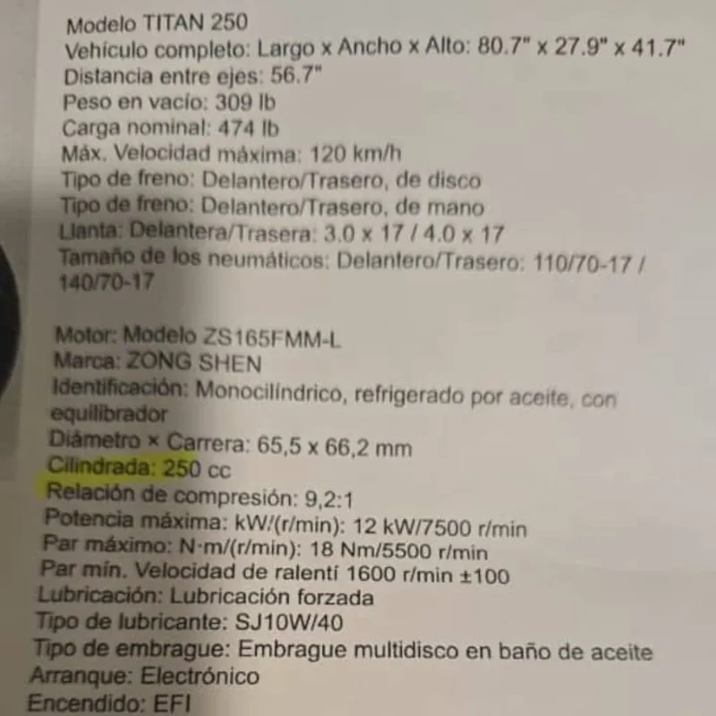 Moto de combustión 250 cc