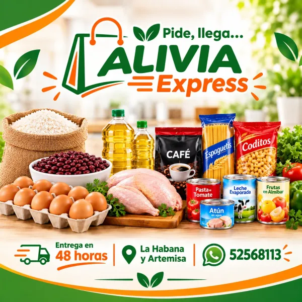 AliviaExpress, ubicada en Bauta, Artemisa, vende los mejores combos de la región. Ofrecemos cobertura en toda la provincia de La Habana y Artemisa. Puedes pagar mediante Zelle o en USD desde Cuba; al contactarnos por WhatsApp te indicaremos dónde realizar el pago. Una vez confirmado, recibirás tu pedido en un plazo de 48 horas. Para más información o para hacer tu pedido, escríbenos al 52568113.