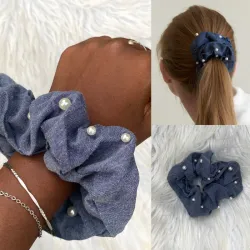 *Maxi Scrunchie de Mezclilla con Perlas* 💙