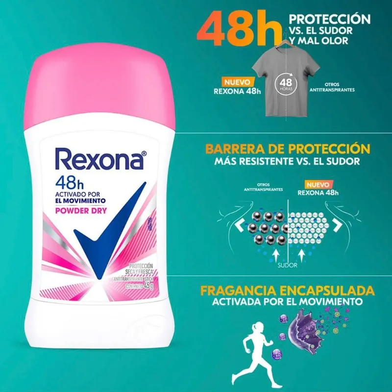 Desodorante en Barra Rexona  Powder Dry 4 pzas de 45 g c/u
