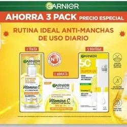 Rutina Anti-Manchas Garnier  Express Aclara Serum Vit C 40 ml + Crema FPS30 50 ml + Protector Solar FPS50 40 ml