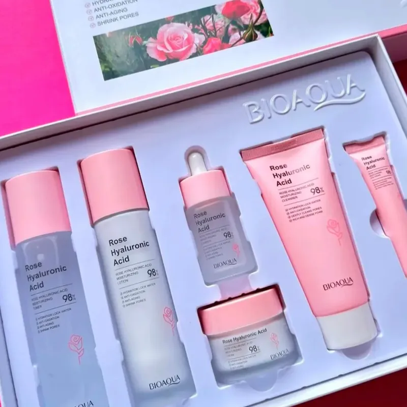 Set BIOAQUA agua de rosas + Ácido hialuronico, skincare facial de día y de noche 