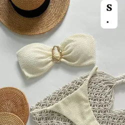 🤍Bikini Bandeau Crema Texturizado - Top con Detalle Dorado Orgánico y Braga de Corte Alto Slim