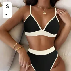 🤍🖤Bikini Color-Block Blanco y Negro - Conjunto de Top Triangular con Soporte y Braga de Tiro Alto Estilizadora