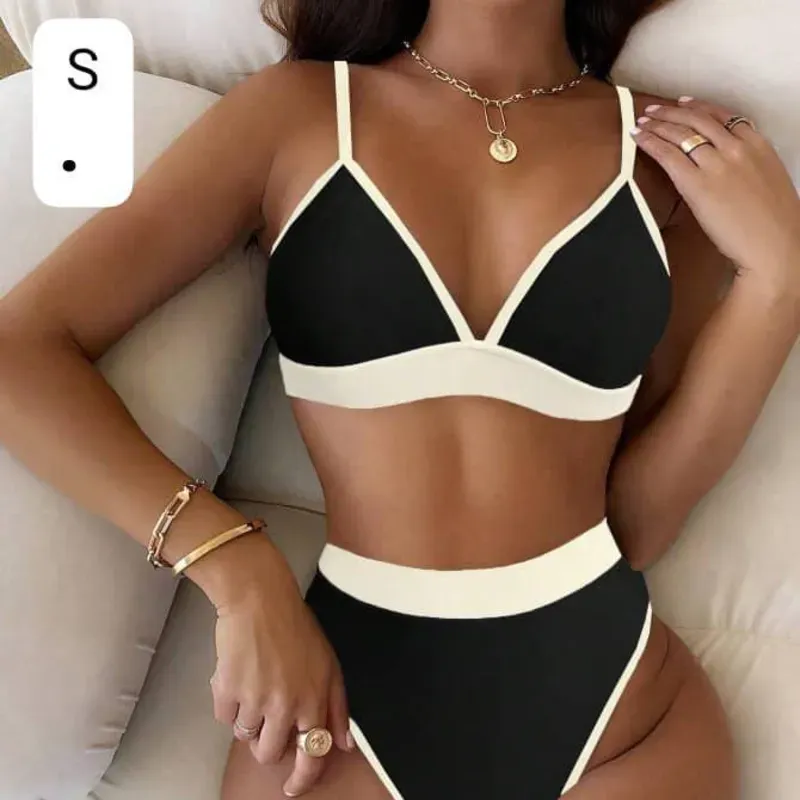 🤍🖤Bikini Color-Block Blanco y Negro - Conjunto de Top Triangular con Soporte y Braga de Tiro Alto Estilizadora