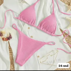 Bikini Dos Piezas Rosa Neón - Conjunto de Triángulo Ajustable y Braga Brasileña con Lazos