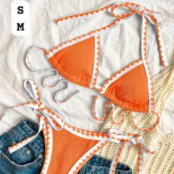 🧡Bikini Naranja Texturizado con Bordes Ondulados - Set de Triángulo Ajustable y Braga de Lazos Laterales
