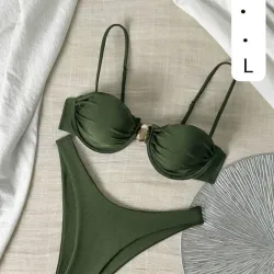 💚Bikini Verde Oliva Estructurado - Top con Aros y Detalle Metálico Dorado + Braga de Corte Alto