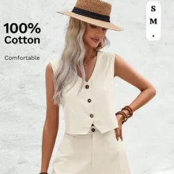 Conjunto de Chaleco Crop y Pantalón Corto 100% Algodón - Estilo Lino para Mujer