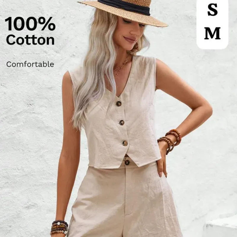 Conjunto de Chaleco Crop y Pantalón Corto 100% Algodón - Estilo Lino para Mujer