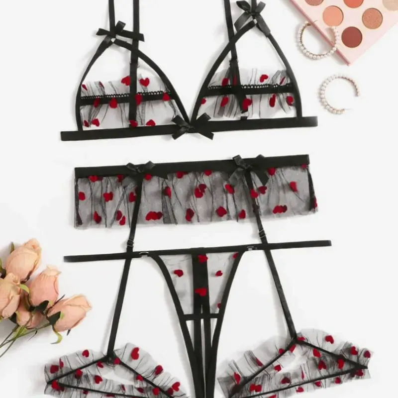 ❤️ Conjunto de lencería negra con corazones – Tallas S y M