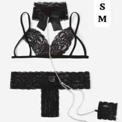 🖤 Conjunto de lencería negra encaje + cadenas – Tallas S y M