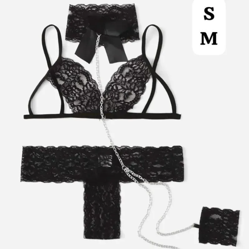 🖤 Conjunto de lencería negra encaje + cadenas – Tallas S y M