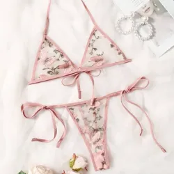🌸 Conjunto de lencería rosa bordado + lazos – Tallas S y M