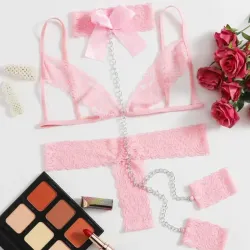 🎀 Conjunto de lencería rosa encaje + cadenas – Unitalla