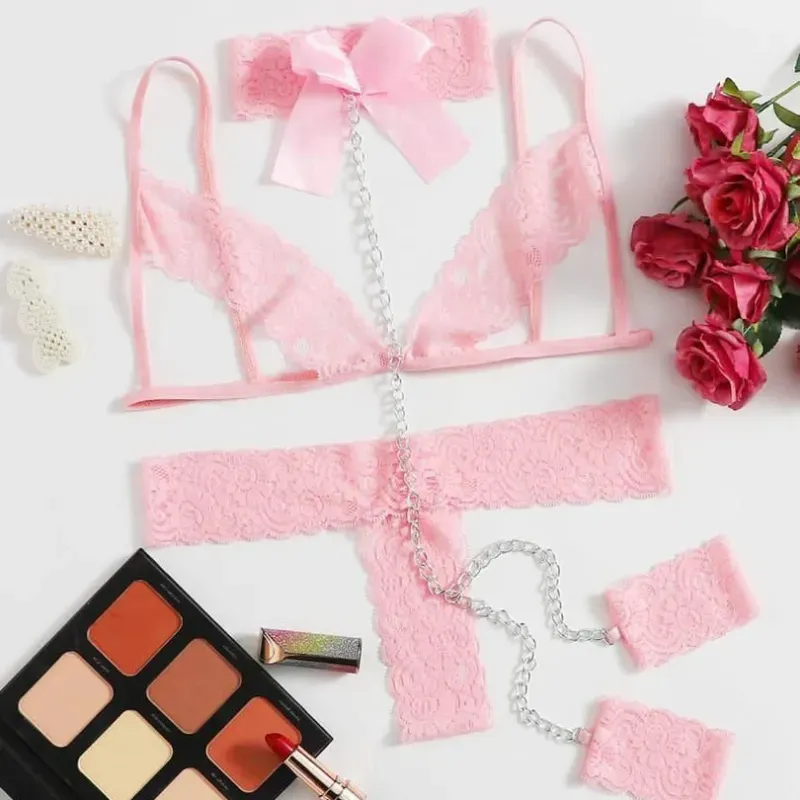 🎀 Conjunto de lencería rosa encaje + cadenas – Unitalla