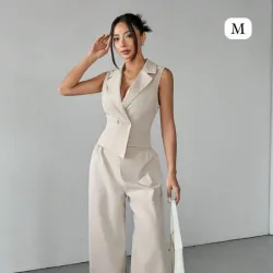 Conjunto de Sastrería Beige Arena - Chaleco Blazer Entallado y Pantalón Wide Leg de Tiro Alto