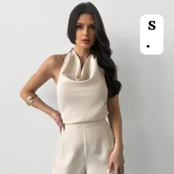 😊Conjunto Elegante de Dos Piezas Beige - Top Halter Drapeado y Pantalón Palazzo de Pierna Ancha