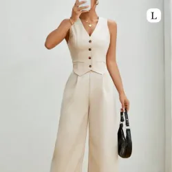 🤍Conjunto Sastre de Lino con Rayas - Chaleco Ajustado con Botones y Pantalón Palazzo Wide Leg