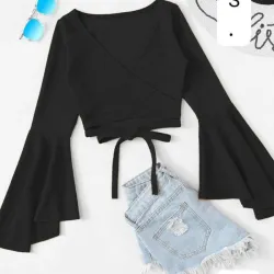 🖤​Crop Top Cruzado de Amarrar con Mangas Acampanadas XL - Blusa Boho Chic de Manga Larga para Mujer
