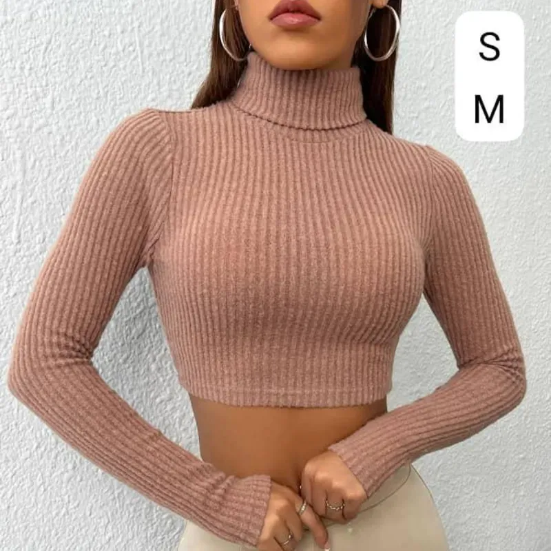 🤎 Crop Top de Cuello Alto – Textura acanalada con estilo envolvente