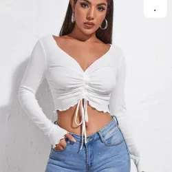 Crop Top de Manga Larga con Fruncido Ajustable y Escote en V - Blusa Rib Acanalada para Mujer