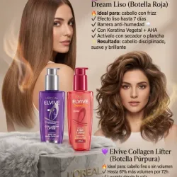 ✨ El cabello que quieres, en minutos 💖 💆‍♀️ L'Oréal Paris Elvive – Elige tu solución 👇 🔴 Dream Liso (Anti-frizz) ✔️ Liso hasta 7 días ✔️ Anti-humedad ✔️ Brillo + suavidad 💰 $15 USD 💜 Collagen Lifter (Volumen) ✔️ +61% volumen por 72h ✔️ Cabello más fuerte ✔️ Sin enjuague 💰