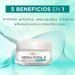 💚L'Oréal Paris Hidra-Total 5 Crema Hidratante Matificante 50ml – Crema Facial Todo en Uno para Piel Mixta a Grasa