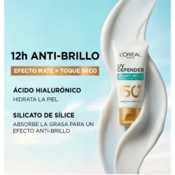 L'Oréal Paris UV Defender FPS 50+ 12h Anti-Brillo – Protector Solar Diario Fluido con Ácido Hialurónico y Efecto Mate
