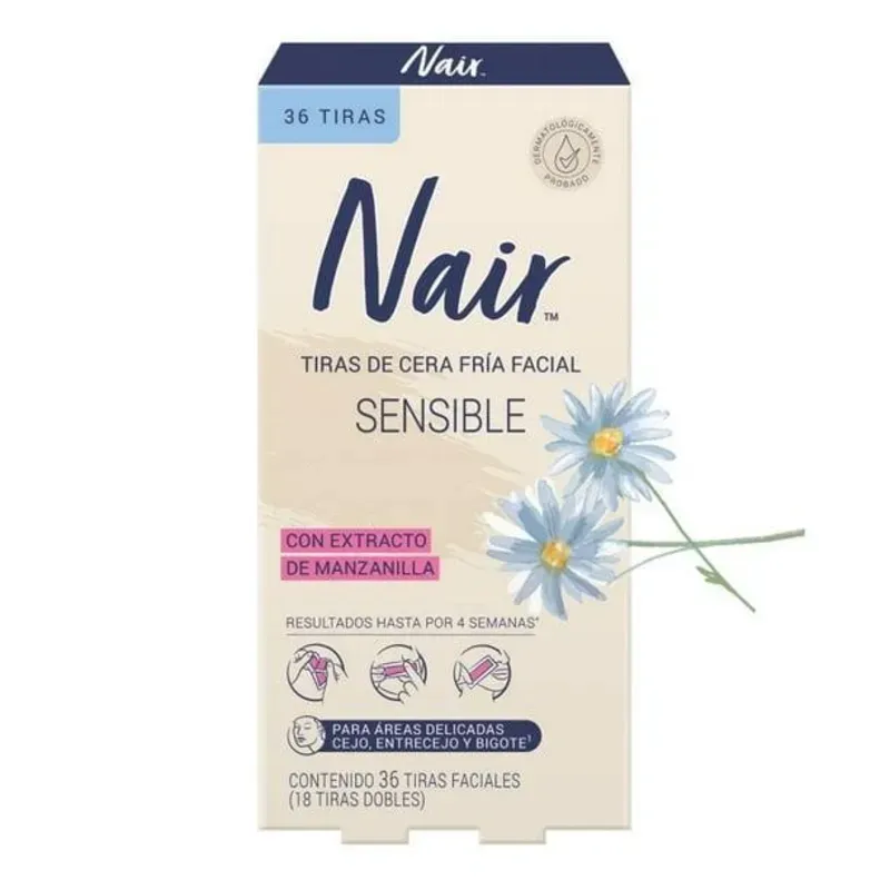 🌼 Nair Tiras de Cera Fría Facial Sensible – Con Extracto de Manzanilla (36 tiras)